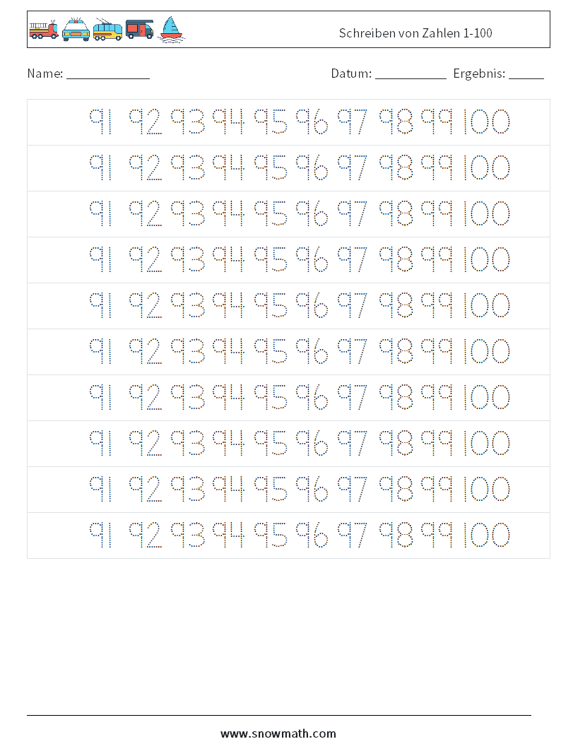 Schreiben von Zahlen 1-100 Mathe-Arbeitsblätter 39