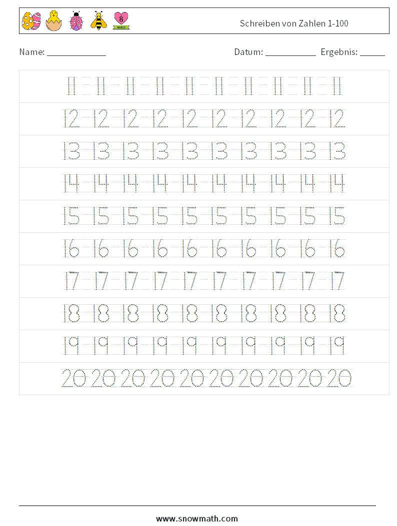 Schreiben von Zahlen 1-100 Mathe-Arbeitsblätter 4