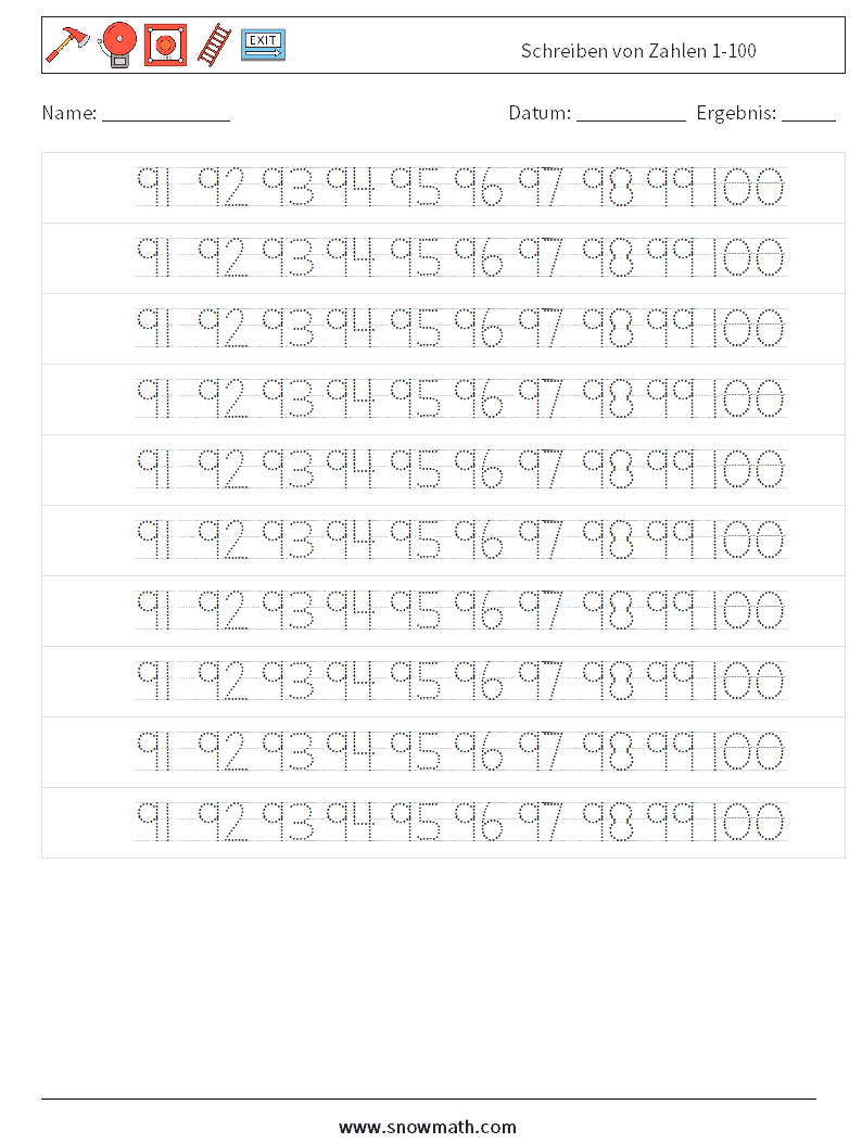 Schreiben von Zahlen 1-100 Mathe-Arbeitsblätter 40