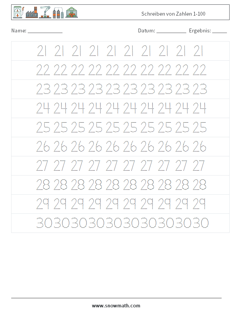 Schreiben von Zahlen 1-100 Mathe-Arbeitsblätter 5