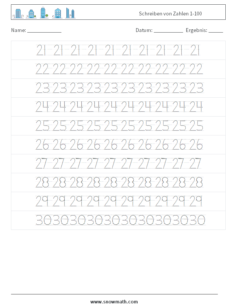 Schreiben von Zahlen 1-100 Mathe-Arbeitsblätter 6