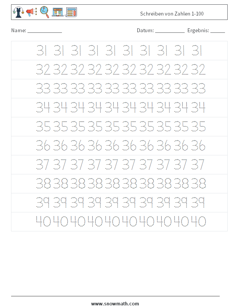 Schreiben von Zahlen 1-100 Mathe-Arbeitsblätter 7