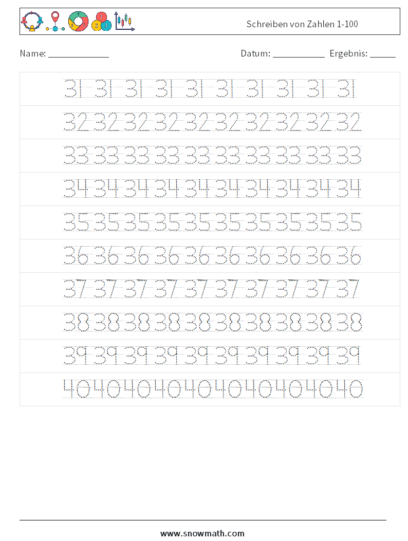 Schreiben von Zahlen 1-100 Mathe-Arbeitsblätter 8