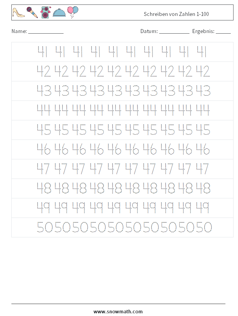 Schreiben von Zahlen 1-100 Mathe-Arbeitsblätter 9