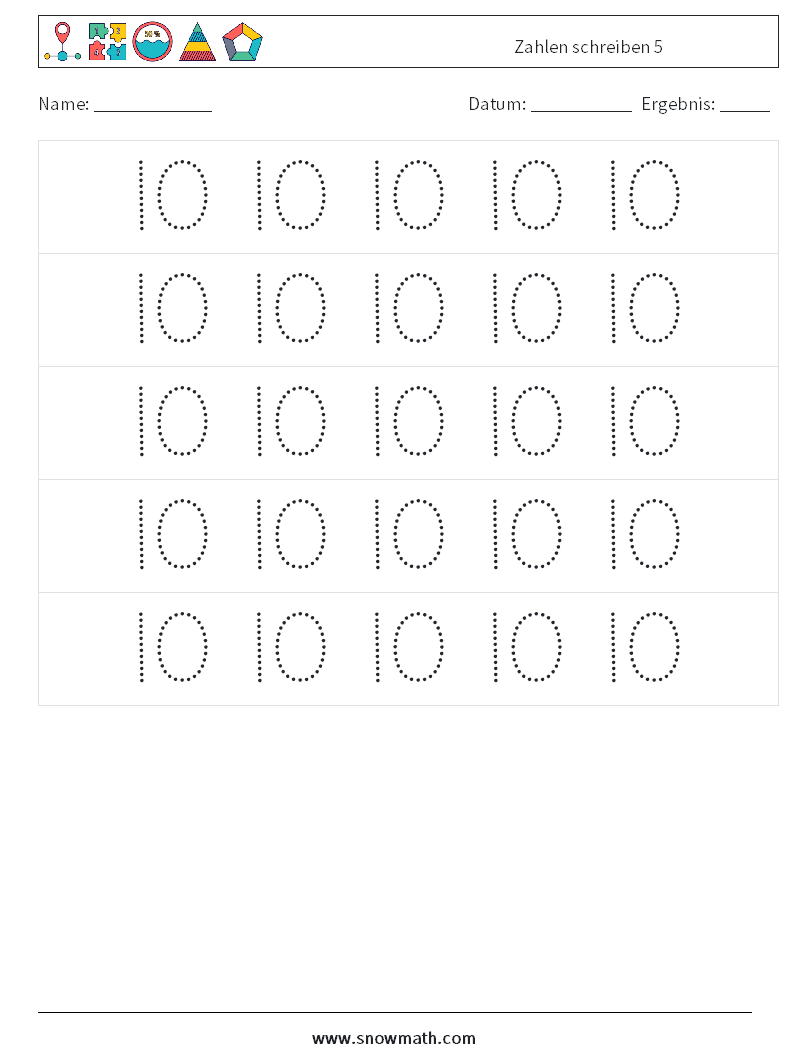 Zahlen schreiben 5 Mathe-Arbeitsblätter 10