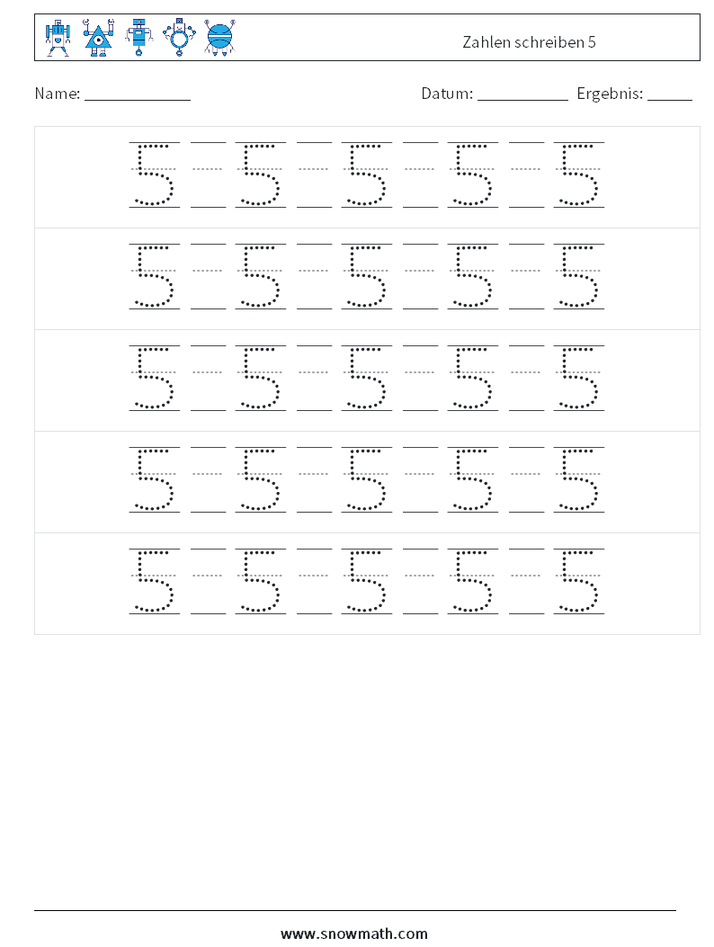 Zahlen schreiben 5 Mathe-Arbeitsblätter 22