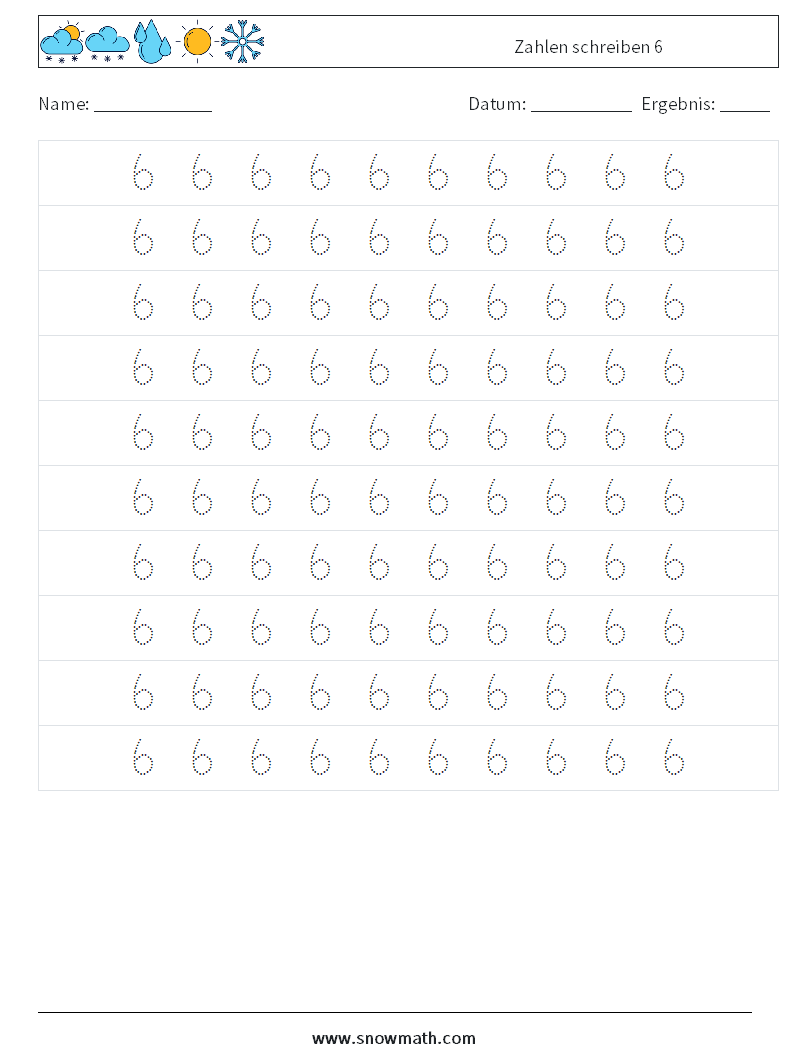 Zahlen schreiben 6 Mathe-Arbeitsblätter 2