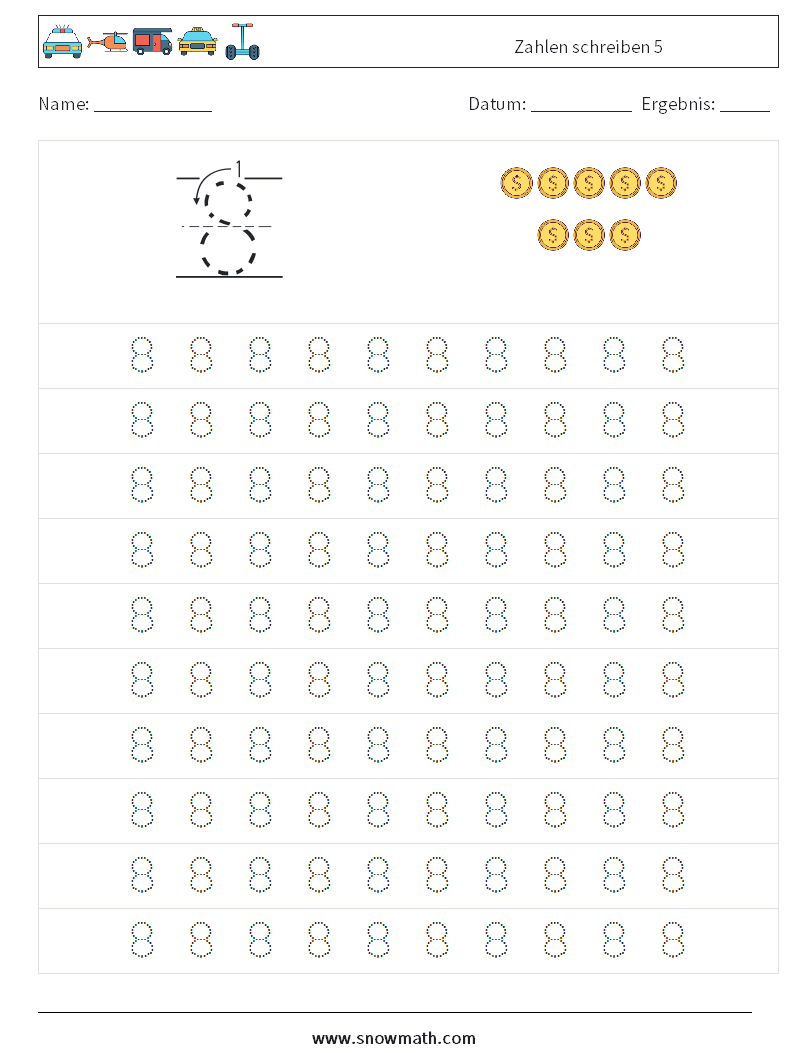 Zahlen schreiben 5 Mathe-Arbeitsblätter 1