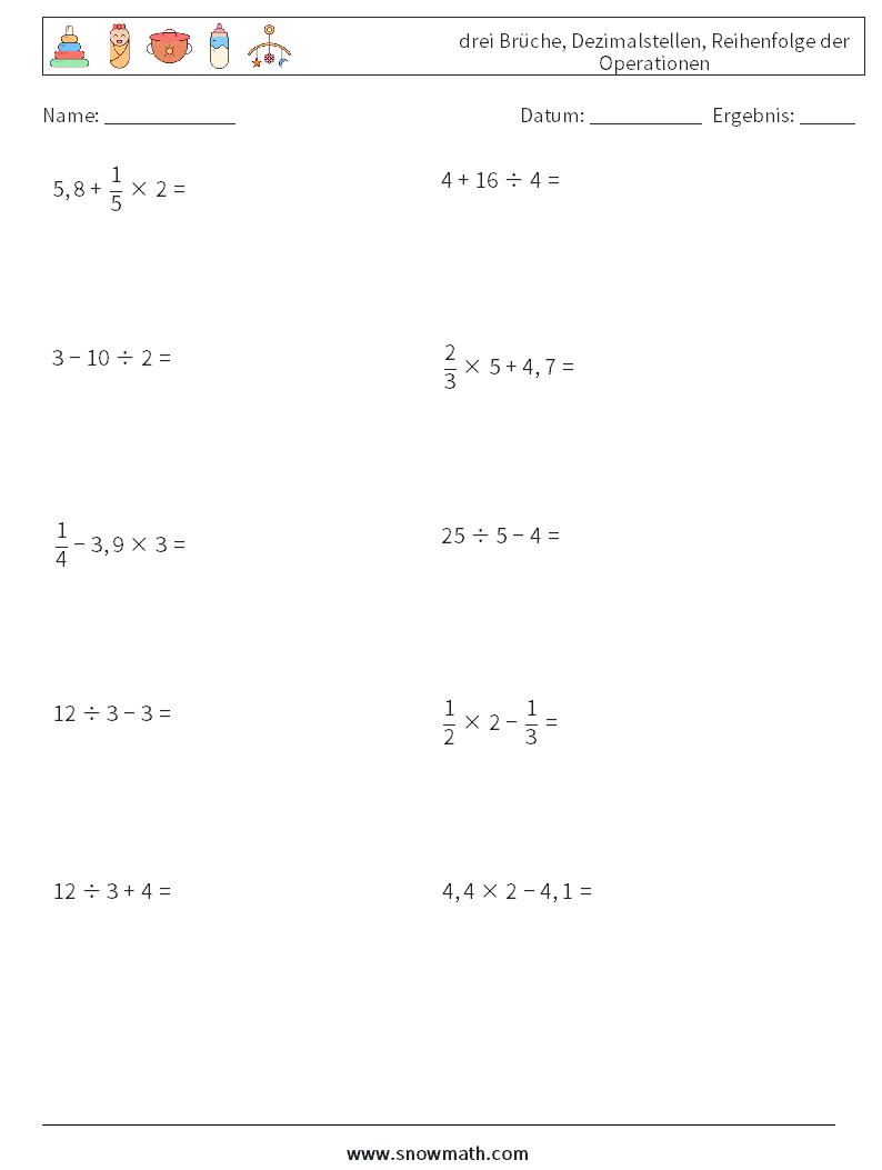 (10) drei Brüche, Dezimalstellen, Reihenfolge der Operationen Mathe-Arbeitsblätter 1