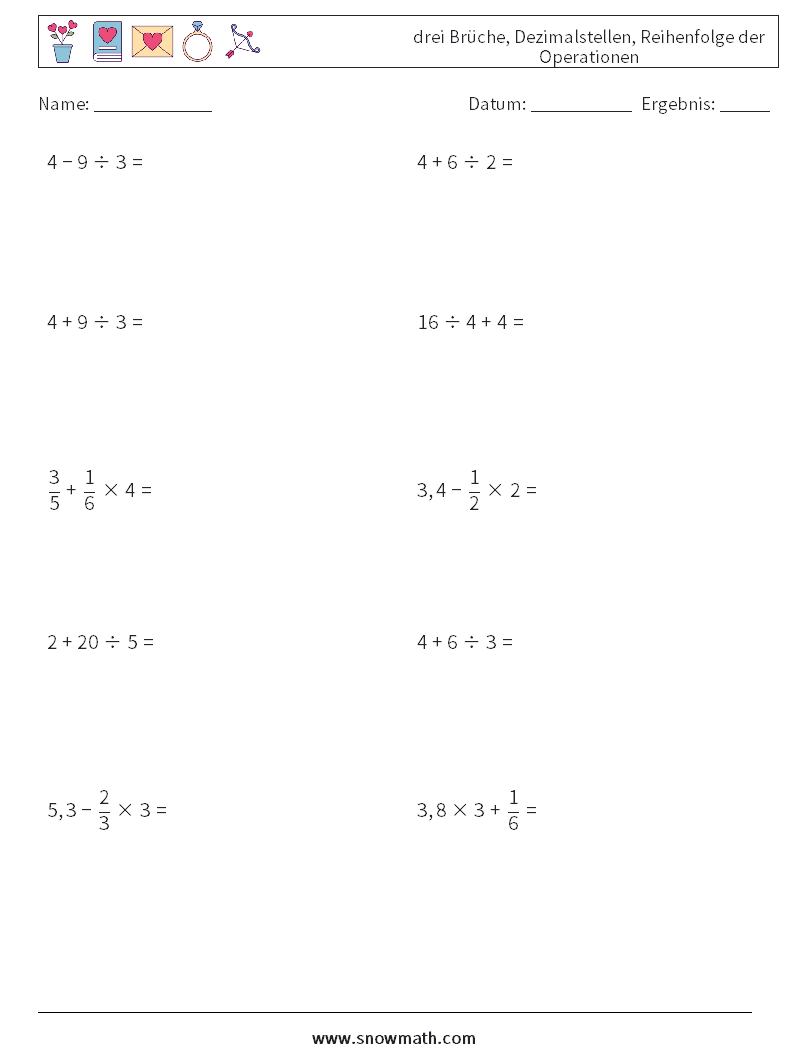 (10) drei Brüche, Dezimalstellen, Reihenfolge der Operationen Mathe-Arbeitsblätter 10