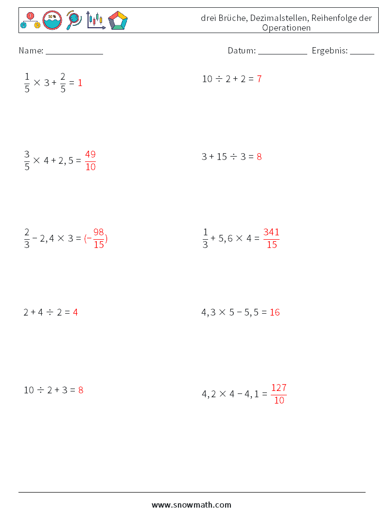 (10) drei Brüche, Dezimalstellen, Reihenfolge der Operationen Mathe-Arbeitsblätter 11 Frage, Antwort