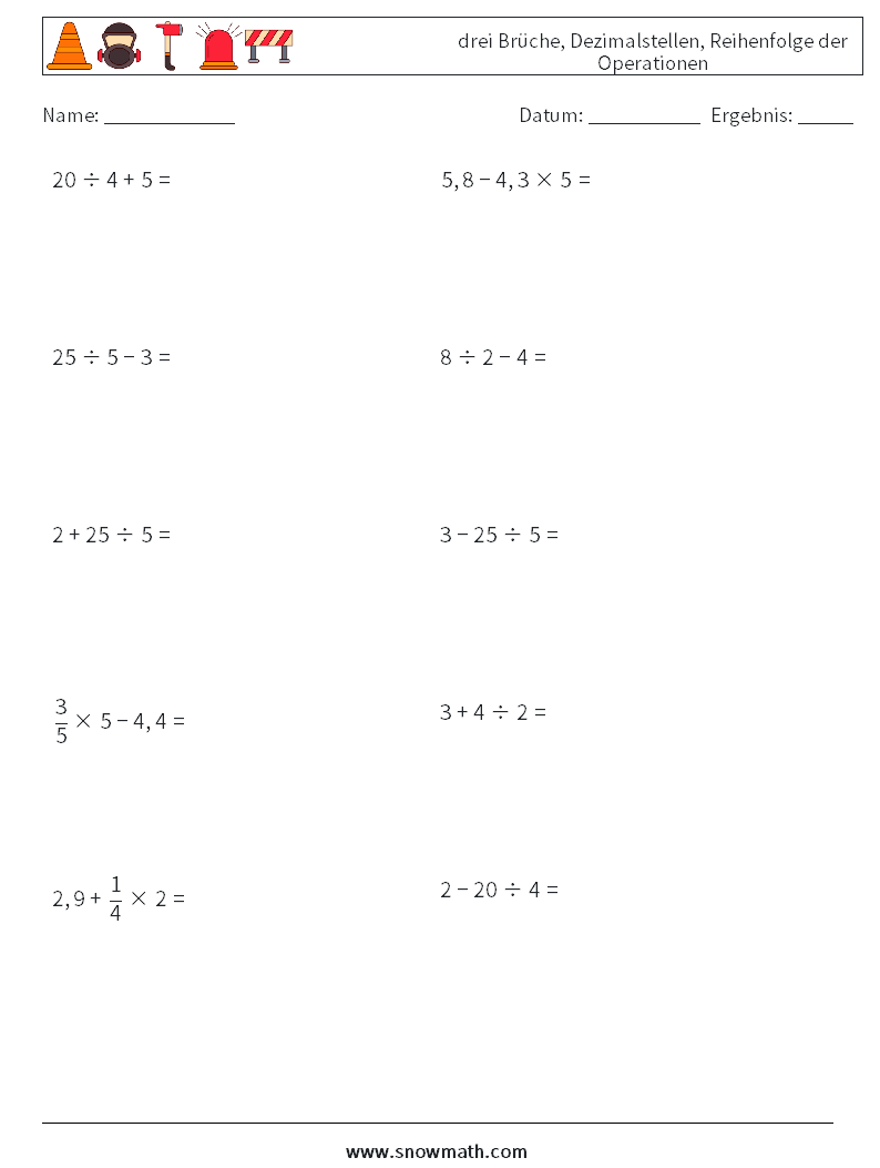 (10) drei Brüche, Dezimalstellen, Reihenfolge der Operationen Mathe-Arbeitsblätter 12