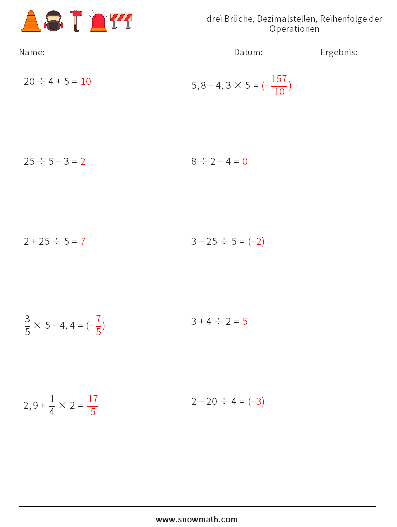 (10) drei Brüche, Dezimalstellen, Reihenfolge der Operationen Mathe-Arbeitsblätter 12 Frage, Antwort
