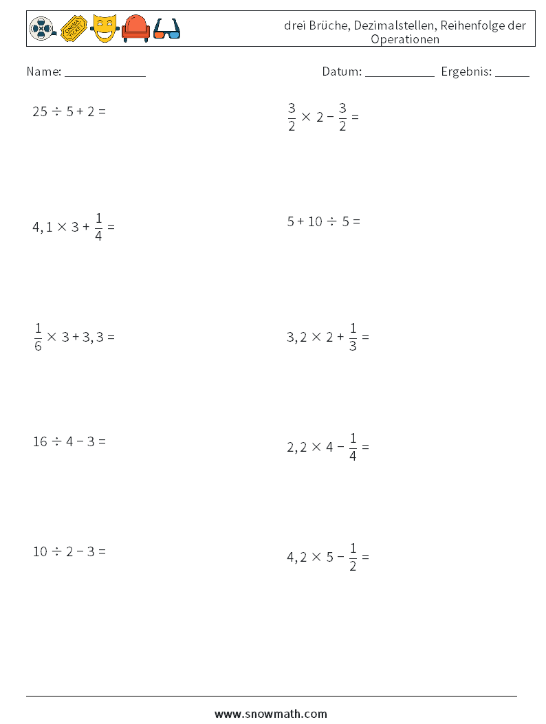 (10) drei Brüche, Dezimalstellen, Reihenfolge der Operationen Mathe-Arbeitsblätter 14