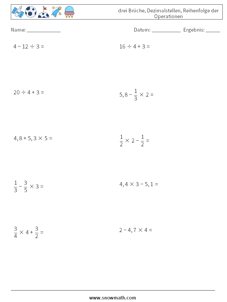 (10) drei Brüche, Dezimalstellen, Reihenfolge der Operationen Mathe-Arbeitsblätter 15