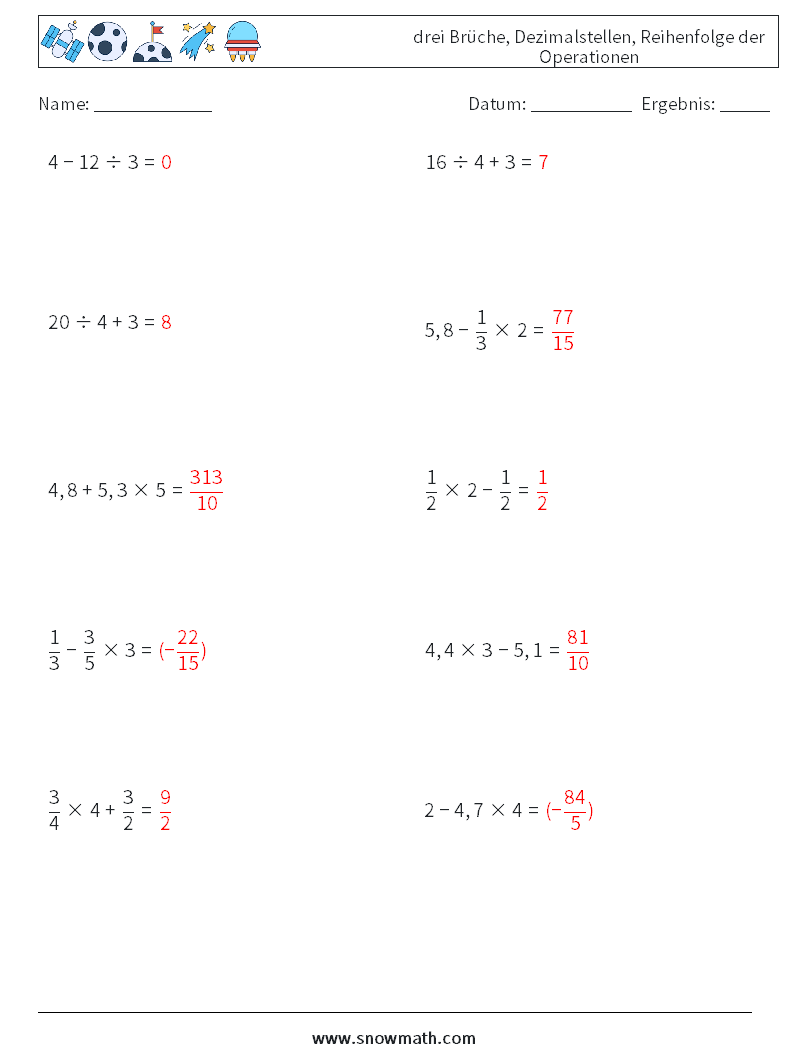 (10) drei Brüche, Dezimalstellen, Reihenfolge der Operationen Mathe-Arbeitsblätter 15 Frage, Antwort