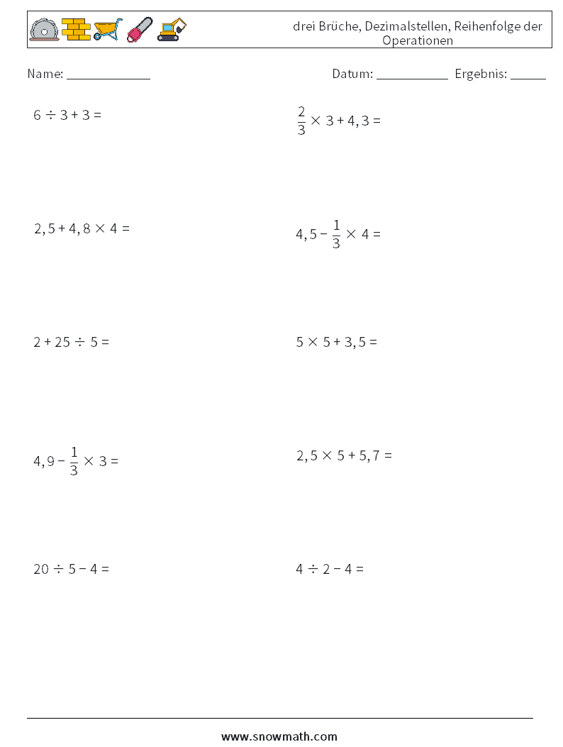 (10) drei Brüche, Dezimalstellen, Reihenfolge der Operationen Mathe-Arbeitsblätter 17