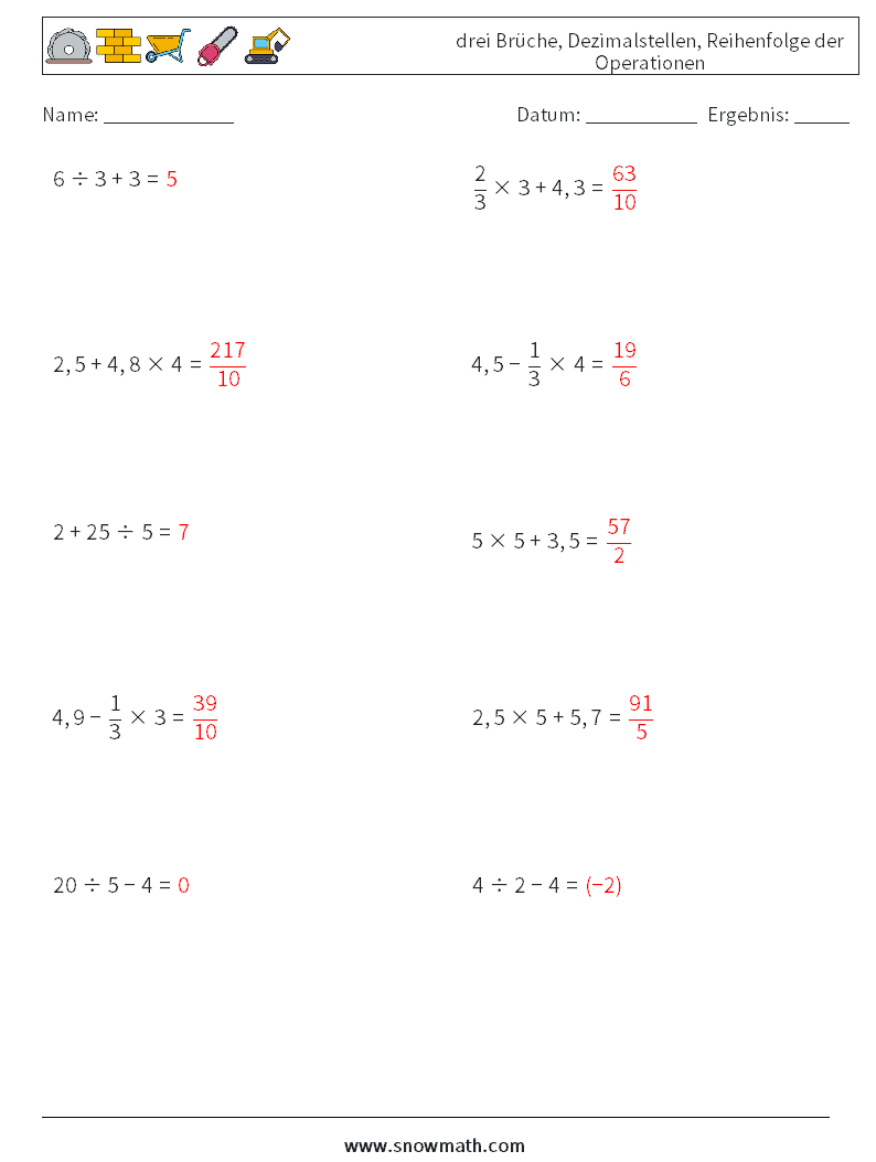 (10) drei Brüche, Dezimalstellen, Reihenfolge der Operationen Mathe-Arbeitsblätter 17 Frage, Antwort