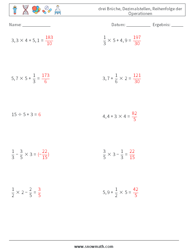 (10) drei Brüche, Dezimalstellen, Reihenfolge der Operationen Mathe-Arbeitsblätter 2 Frage, Antwort