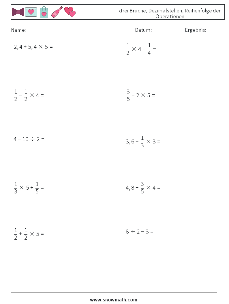 (10) drei Brüche, Dezimalstellen, Reihenfolge der Operationen Mathe-Arbeitsblätter 3