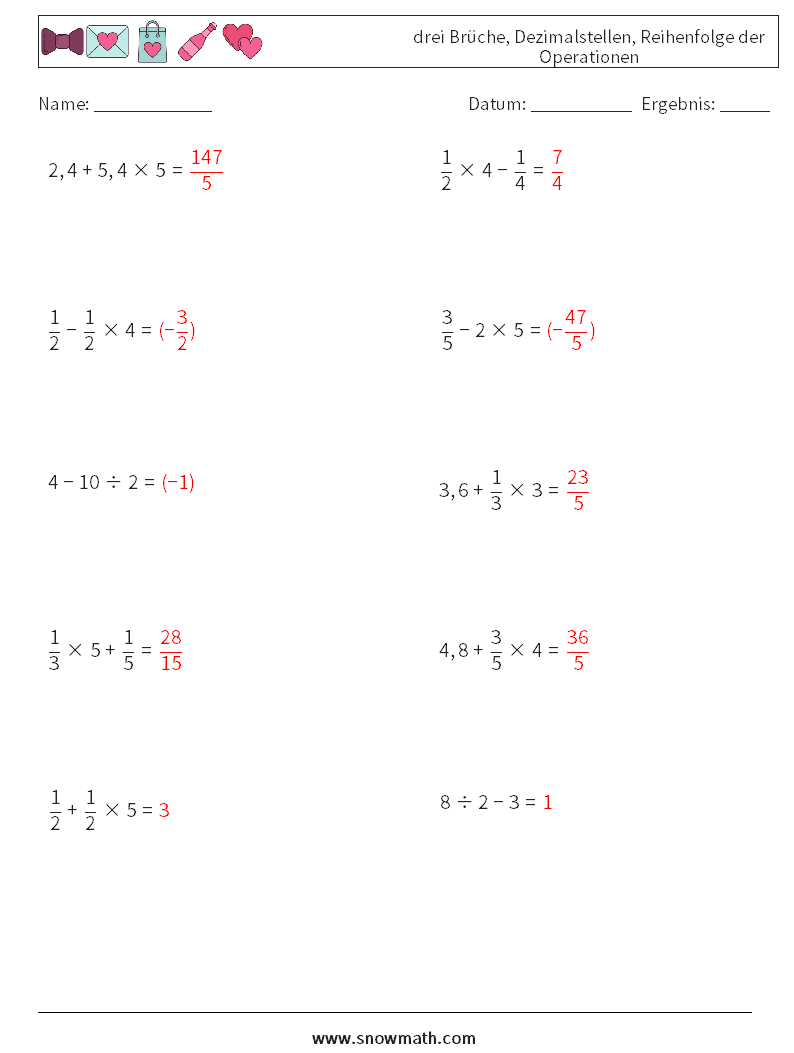 (10) drei Brüche, Dezimalstellen, Reihenfolge der Operationen Mathe-Arbeitsblätter 3 Frage, Antwort