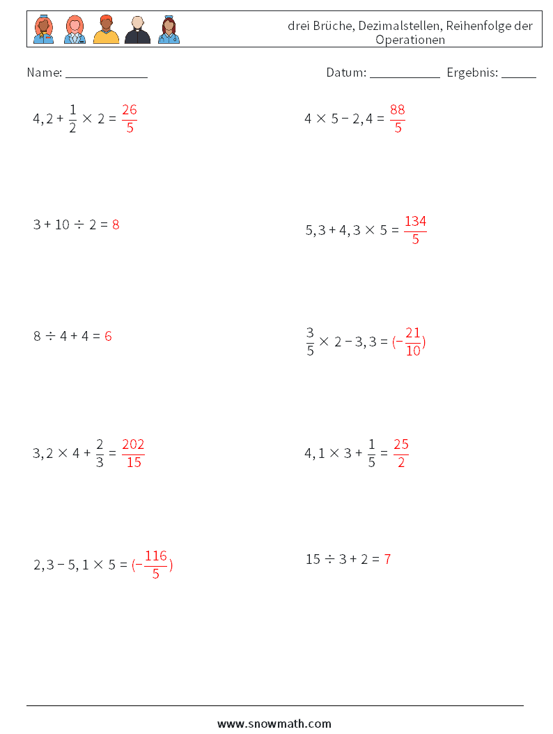 (10) drei Brüche, Dezimalstellen, Reihenfolge der Operationen Mathe-Arbeitsblätter 6 Frage, Antwort