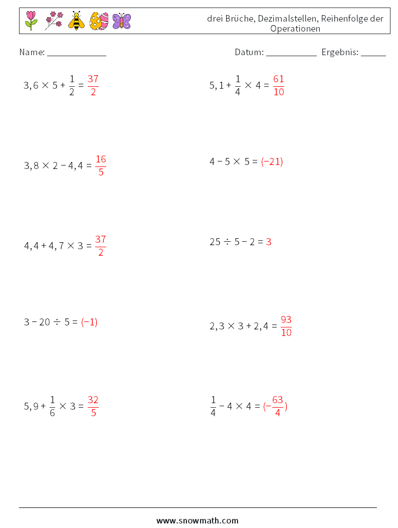(10) drei Brüche, Dezimalstellen, Reihenfolge der Operationen Mathe-Arbeitsblätter 7 Frage, Antwort