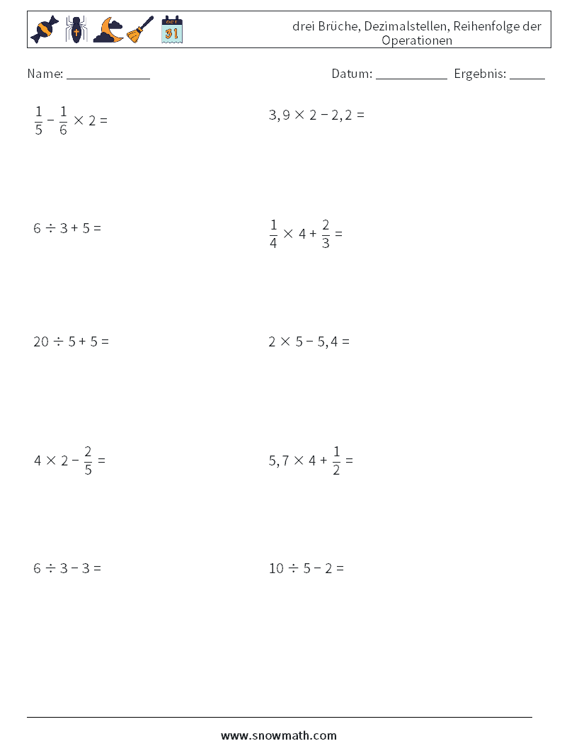 (10) drei Brüche, Dezimalstellen, Reihenfolge der Operationen Mathe-Arbeitsblätter 9