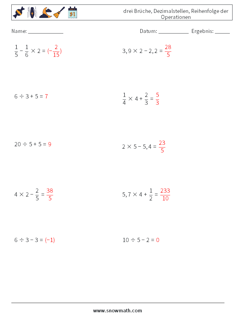 (10) drei Brüche, Dezimalstellen, Reihenfolge der Operationen Mathe-Arbeitsblätter 9 Frage, Antwort