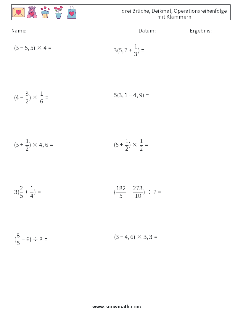 (10) drei Brüche, Deikmal, Operationsreihenfolge mit Klammern Mathe-Arbeitsblätter 11