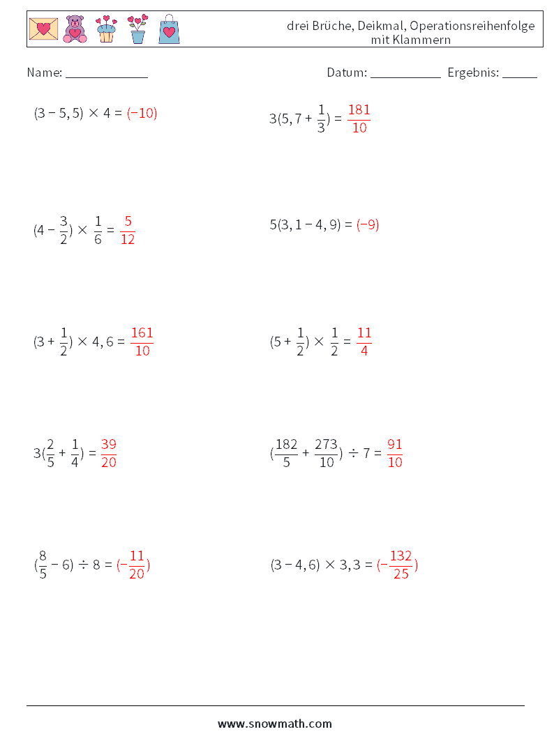(10) drei Brüche, Deikmal, Operationsreihenfolge mit Klammern Mathe-Arbeitsblätter 11 Frage, Antwort