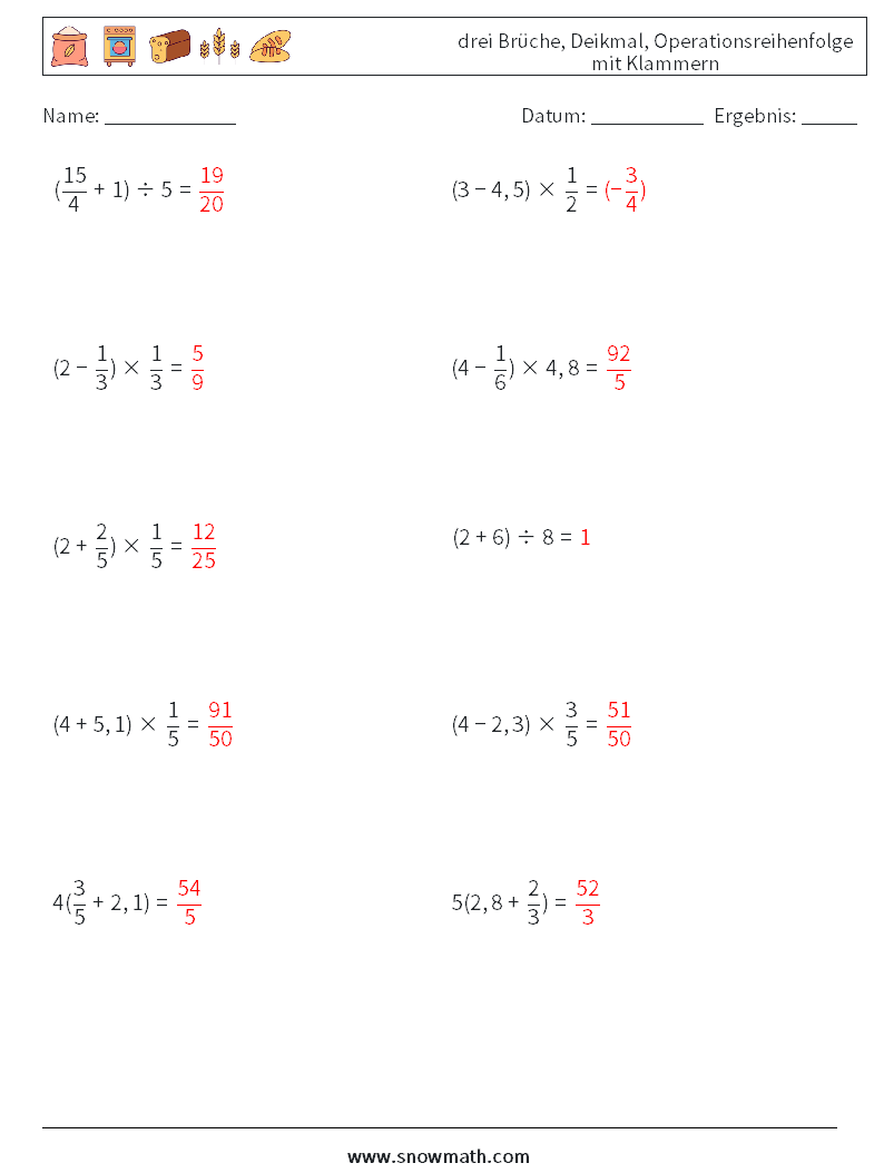 (10) drei Brüche, Deikmal, Operationsreihenfolge mit Klammern Mathe-Arbeitsblätter 14 Frage, Antwort