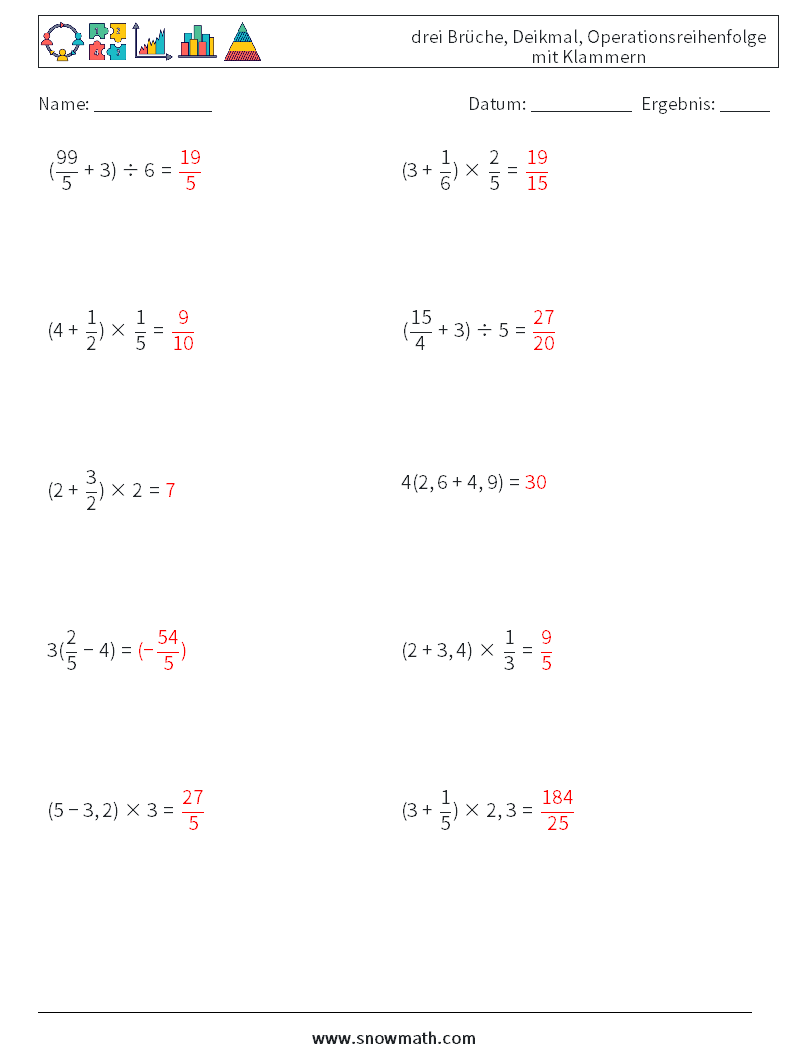 (10) drei Brüche, Deikmal, Operationsreihenfolge mit Klammern Mathe-Arbeitsblätter 15 Frage, Antwort