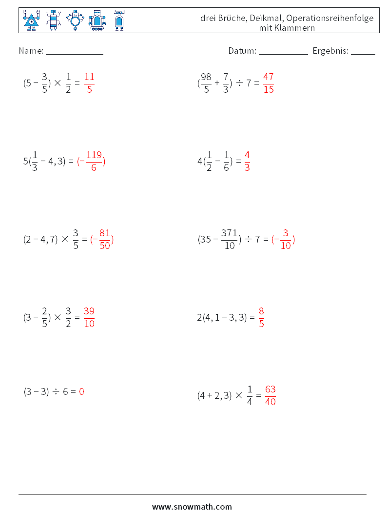 (10) drei Brüche, Deikmal, Operationsreihenfolge mit Klammern Mathe-Arbeitsblätter 18 Frage, Antwort