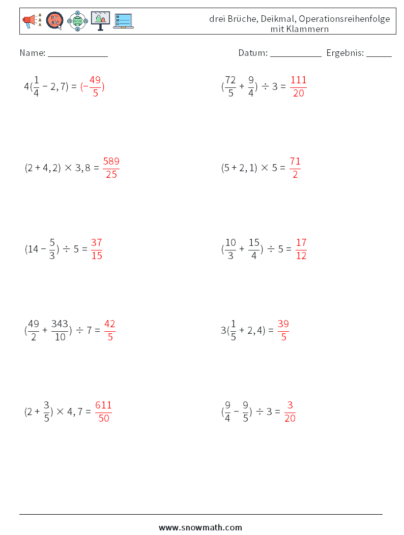 (10) drei Brüche, Deikmal, Operationsreihenfolge mit Klammern Mathe-Arbeitsblätter 2 Frage, Antwort