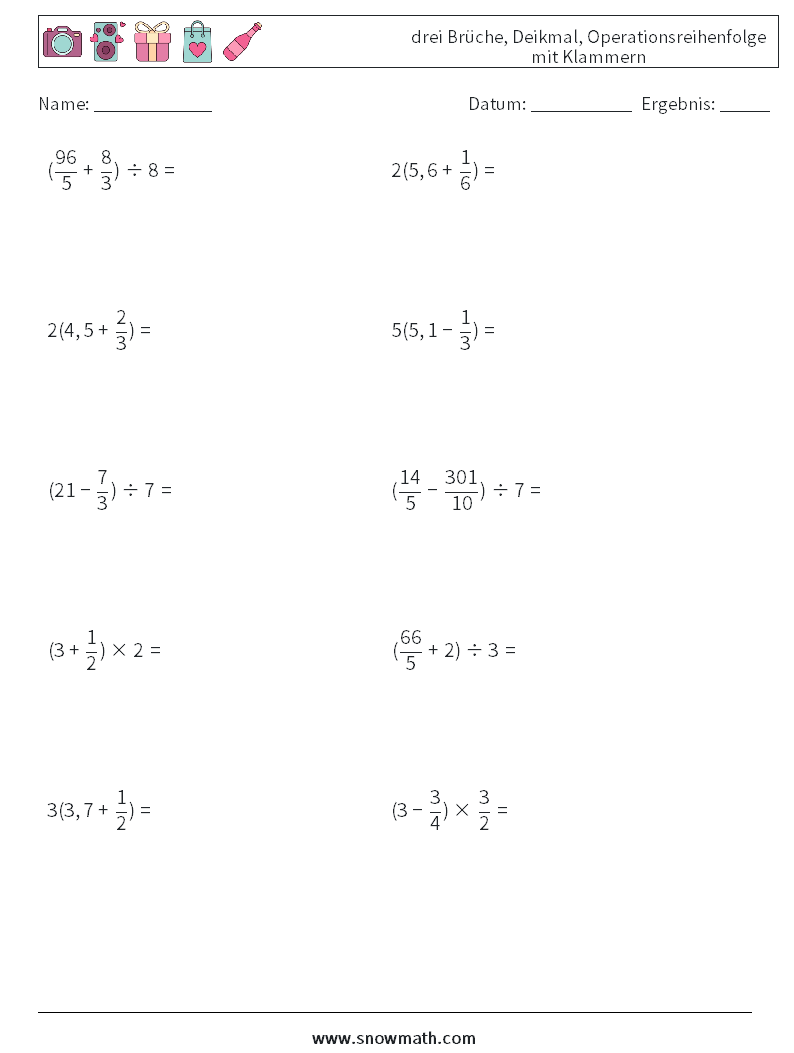 (10) drei Brüche, Deikmal, Operationsreihenfolge mit Klammern Mathe-Arbeitsblätter 3