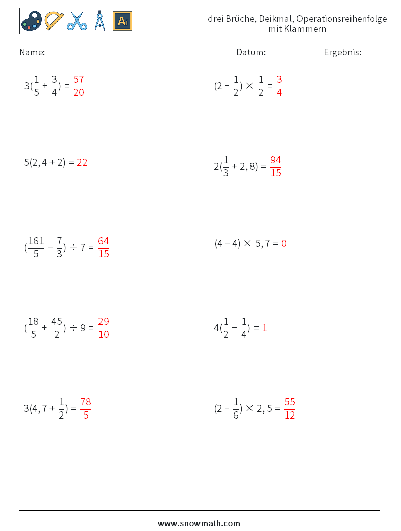 (10) drei Brüche, Deikmal, Operationsreihenfolge mit Klammern Mathe-Arbeitsblätter 4 Frage, Antwort