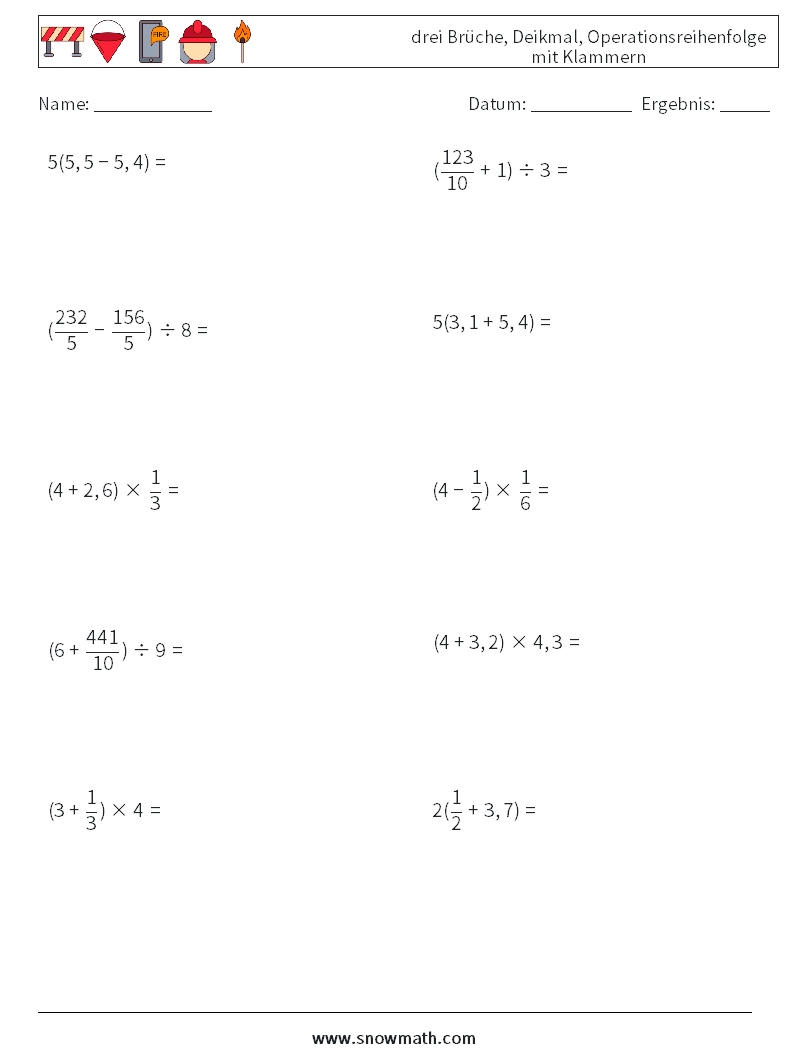 (10) drei Brüche, Deikmal, Operationsreihenfolge mit Klammern Mathe-Arbeitsblätter 5
