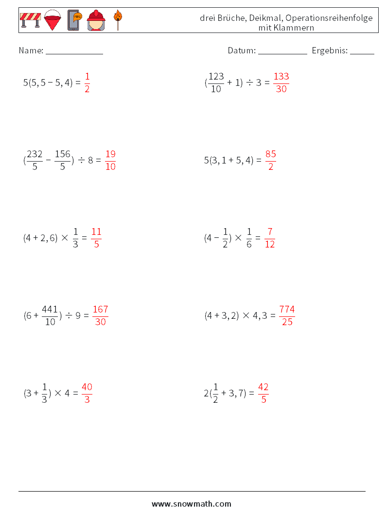 (10) drei Brüche, Deikmal, Operationsreihenfolge mit Klammern Mathe-Arbeitsblätter 5 Frage, Antwort