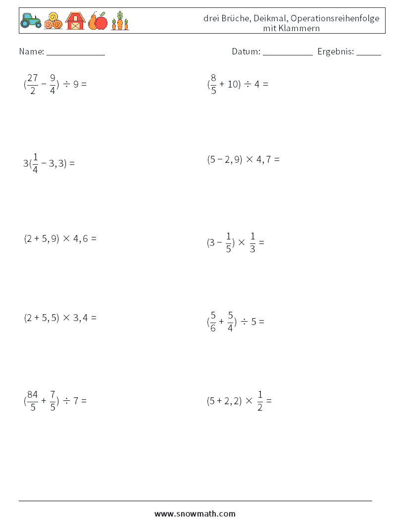 (10) drei Brüche, Deikmal, Operationsreihenfolge mit Klammern Mathe-Arbeitsblätter 6