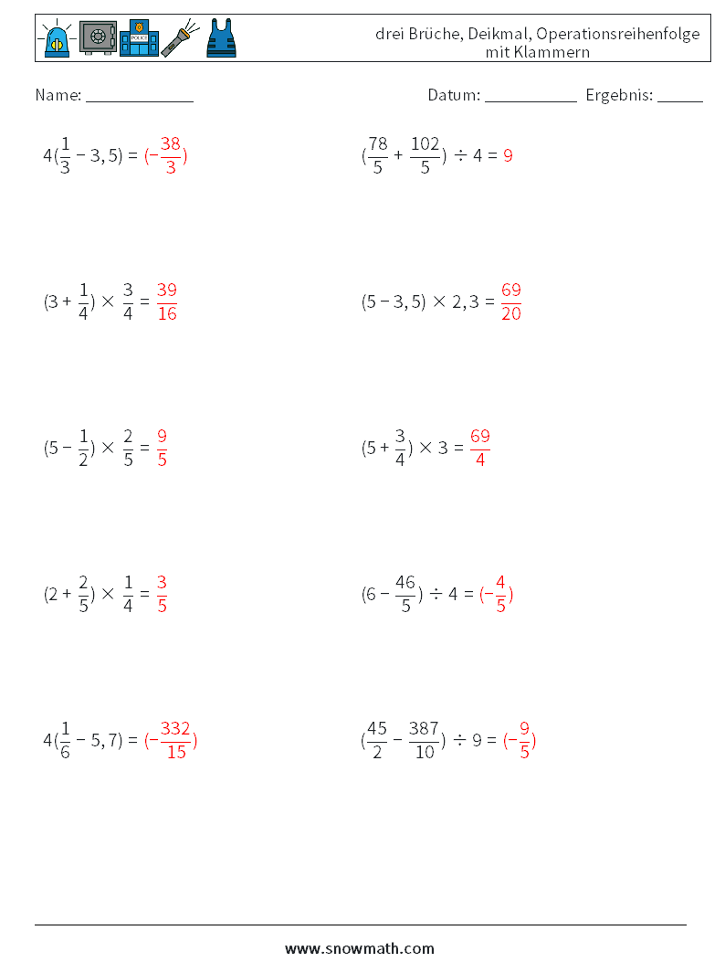 (10) drei Brüche, Deikmal, Operationsreihenfolge mit Klammern Mathe-Arbeitsblätter 7 Frage, Antwort