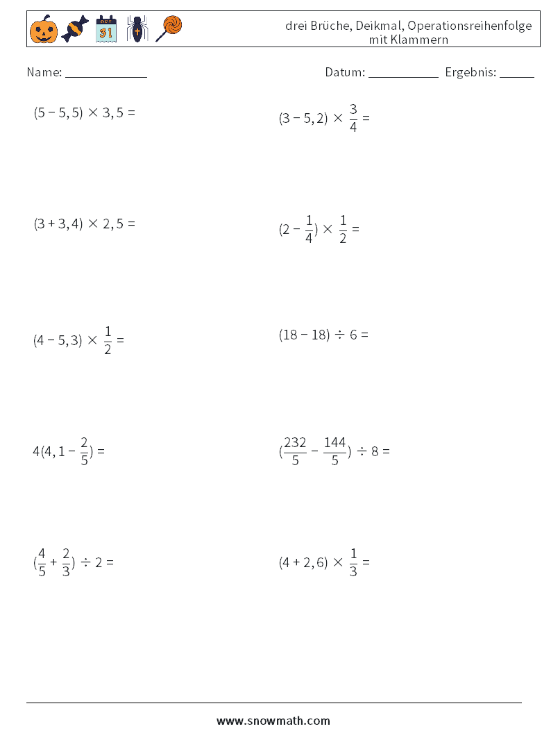(10) drei Brüche, Deikmal, Operationsreihenfolge mit Klammern Mathe-Arbeitsblätter 9