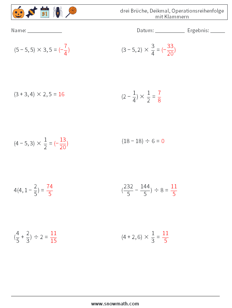 (10) drei Brüche, Deikmal, Operationsreihenfolge mit Klammern Mathe-Arbeitsblätter 9 Frage, Antwort