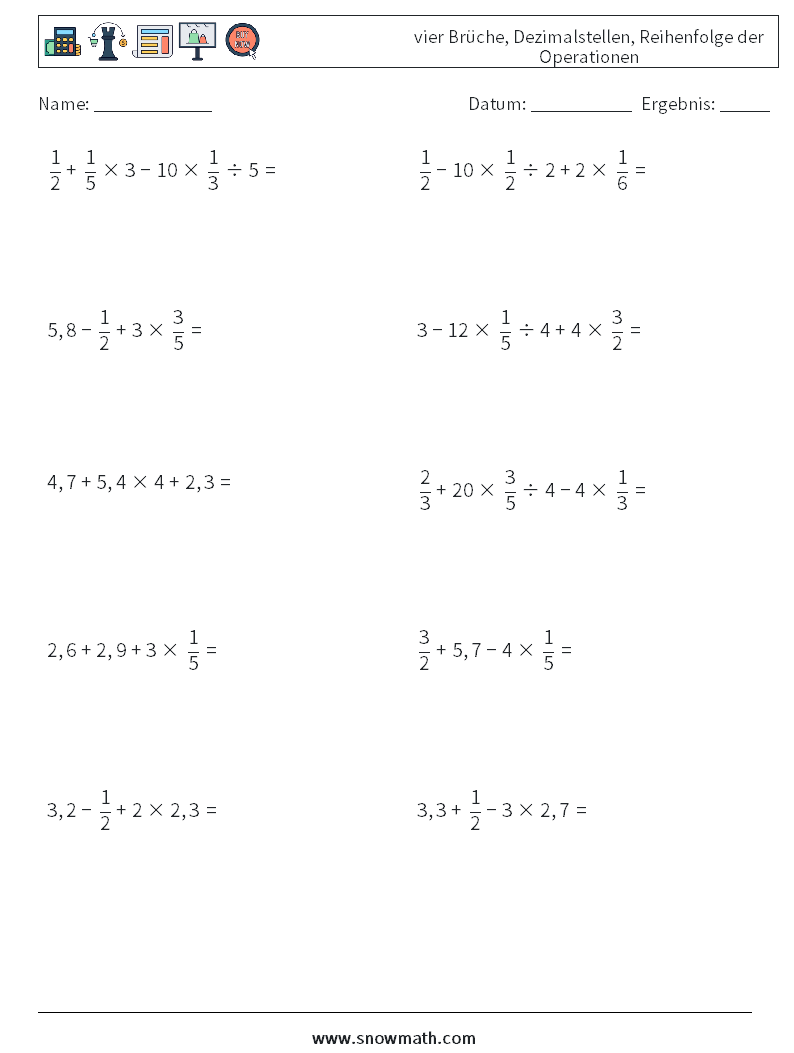 (10) vier Brüche, Dezimalstellen, Reihenfolge der Operationen Mathe-Arbeitsblätter 1