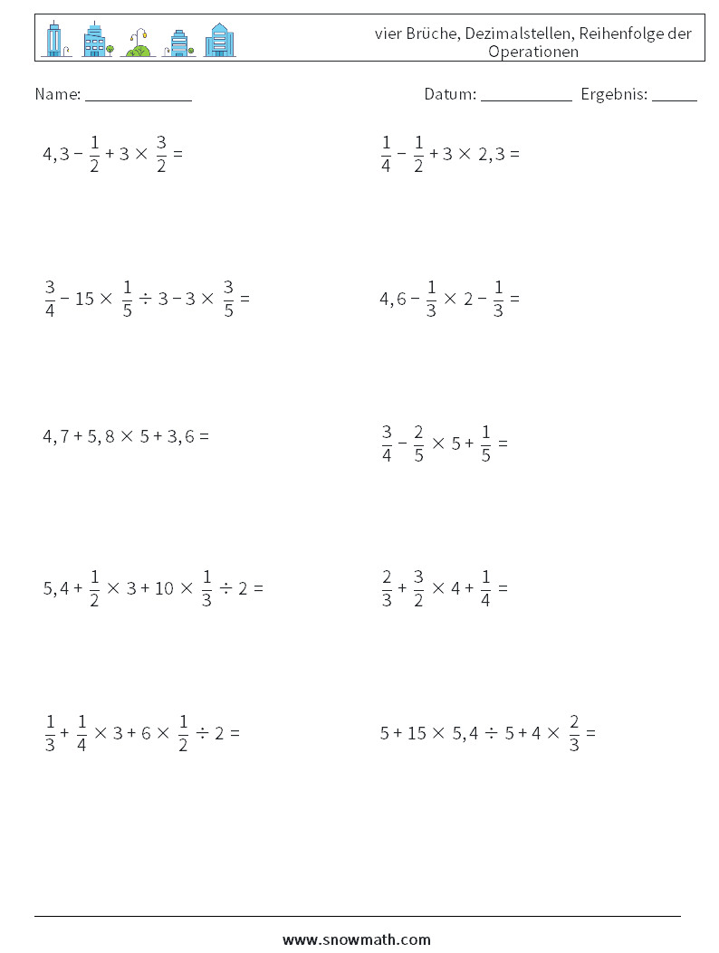 (10) vier Brüche, Dezimalstellen, Reihenfolge der Operationen Mathe-Arbeitsblätter 10