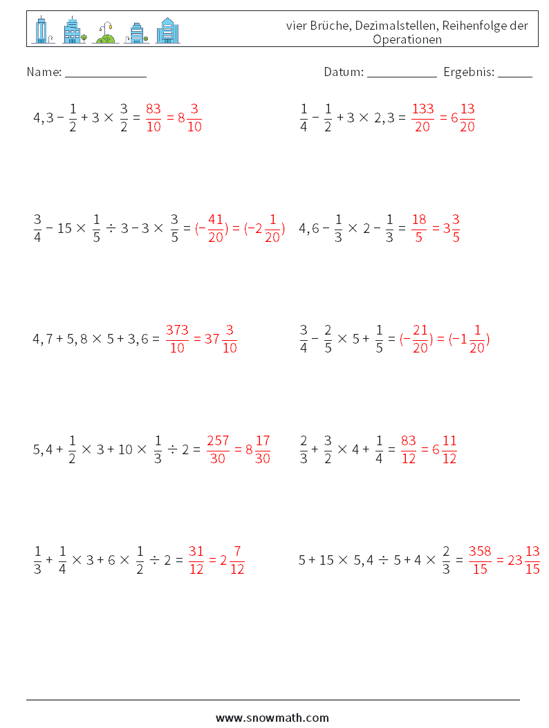 (10) vier Brüche, Dezimalstellen, Reihenfolge der Operationen Mathe-Arbeitsblätter 10 Frage, Antwort