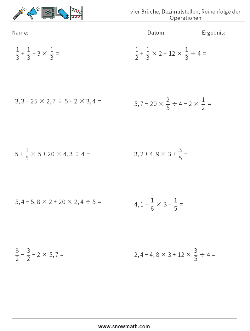 (10) vier Brüche, Dezimalstellen, Reihenfolge der Operationen Mathe-Arbeitsblätter 11