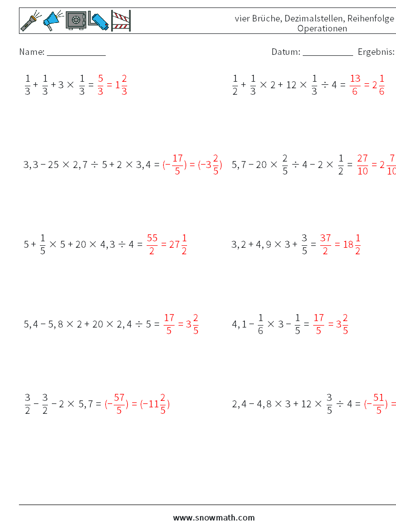 (10) vier Brüche, Dezimalstellen, Reihenfolge der Operationen Mathe-Arbeitsblätter 11 Frage, Antwort