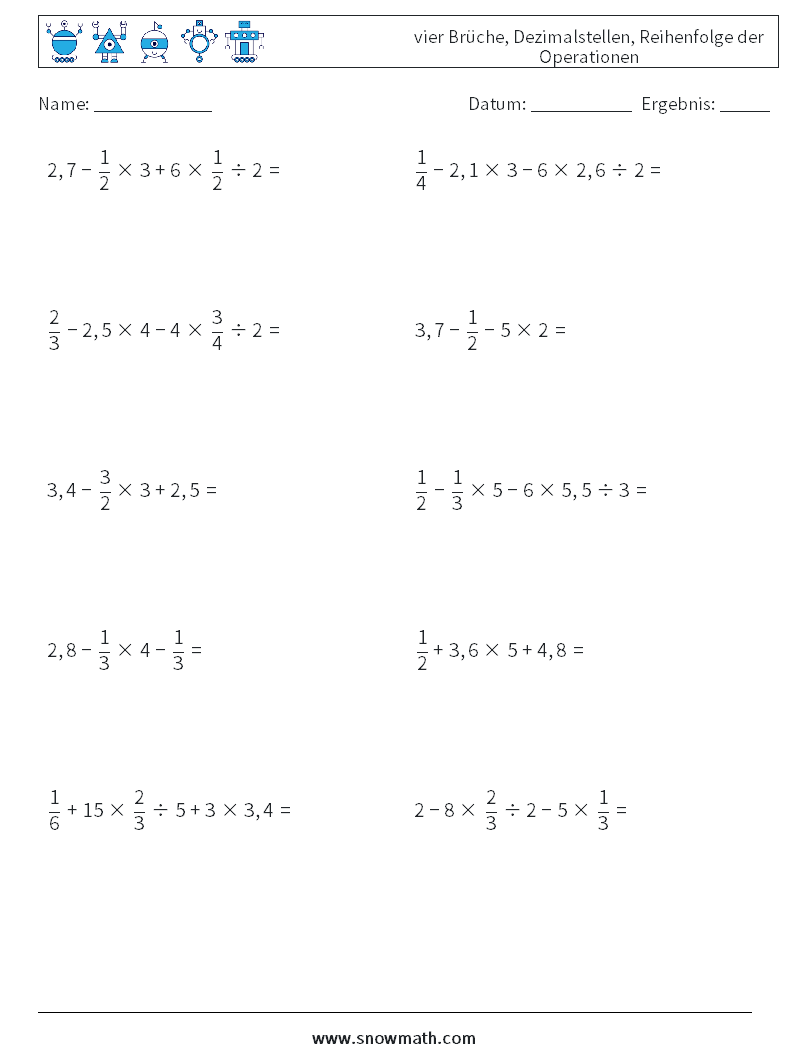 (10) vier Brüche, Dezimalstellen, Reihenfolge der Operationen Mathe-Arbeitsblätter 12