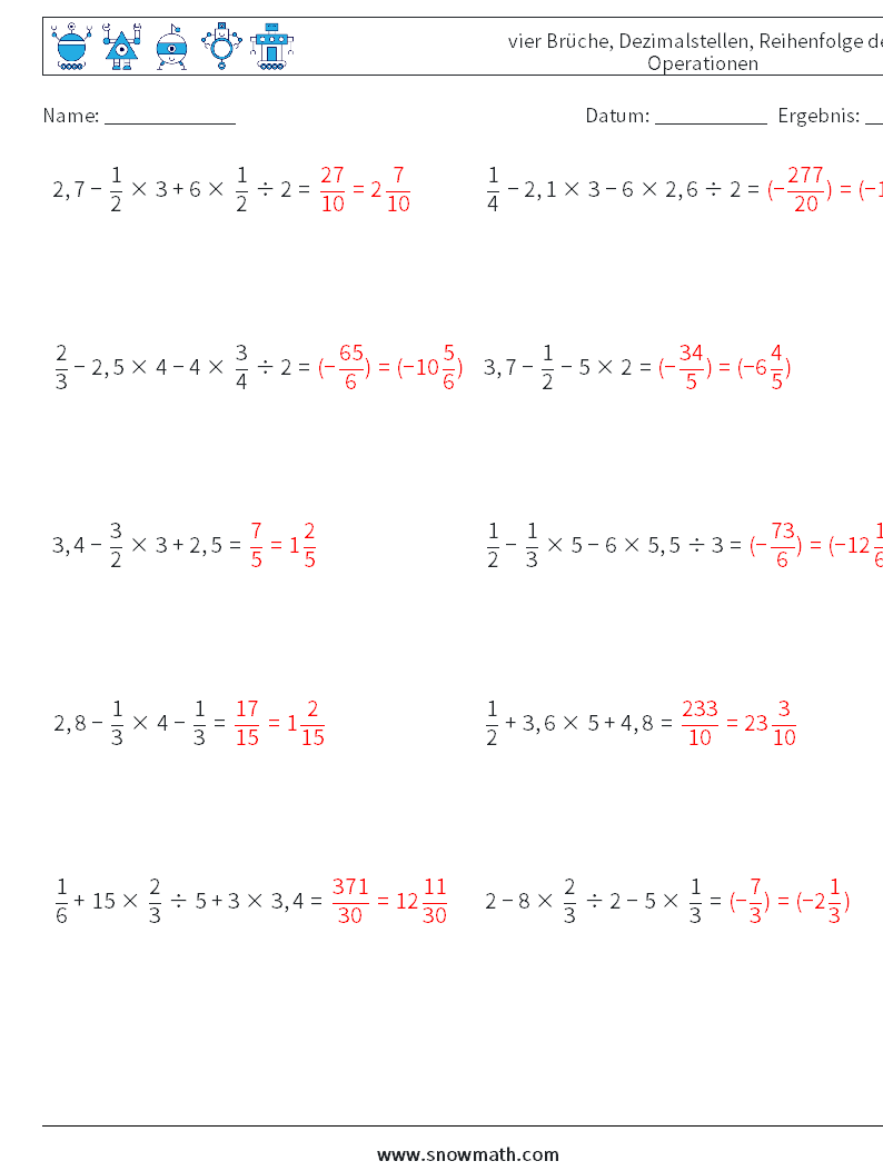 (10) vier Brüche, Dezimalstellen, Reihenfolge der Operationen Mathe-Arbeitsblätter 12 Frage, Antwort